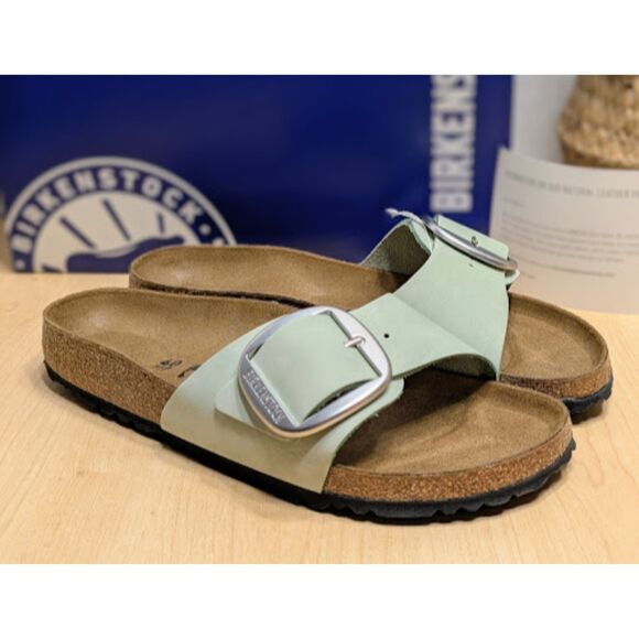 Birkenstock Madrid Big Buckle Matcha Green Nubuck Leather Slide Sandals EU40 NIB - Picture 4 of 14